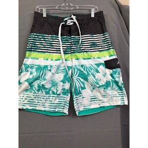 Speedo Men Tropical Floral Striped Board Shorts Teal Green Black Swim Trunks 30